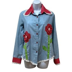 Vintage Eyelet Ruffle Patchwork‎ Hippie Chambray Blouse Shirt Top Kitschy Flower